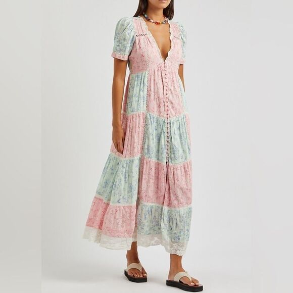 LOVESHACKFANCY‎ NESSIE PANELLED LACE PRINT NWOT V NECK MAXI DRESS SZ 4 - Picture 1 of 10